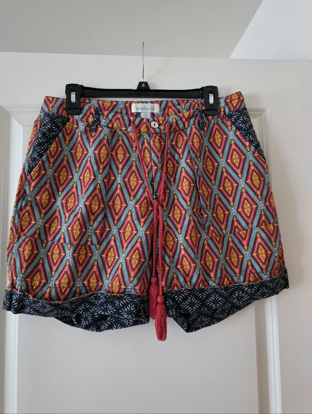 Sundance Kalini Linen Blend Aztec Drawstring Shorts Womens M Boho Festival Vacay